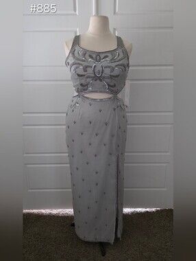 Silver Silk Beaded Cutout Evening Gown